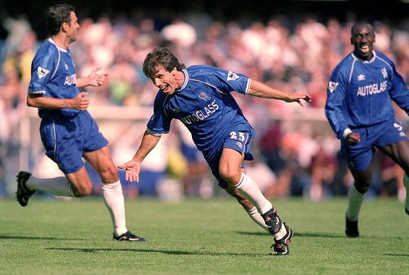 Gianfranco Zola of Chelsea celebrates his goal with team mates Gustavo Poyet and Jimmy Floyd Hasselbaink